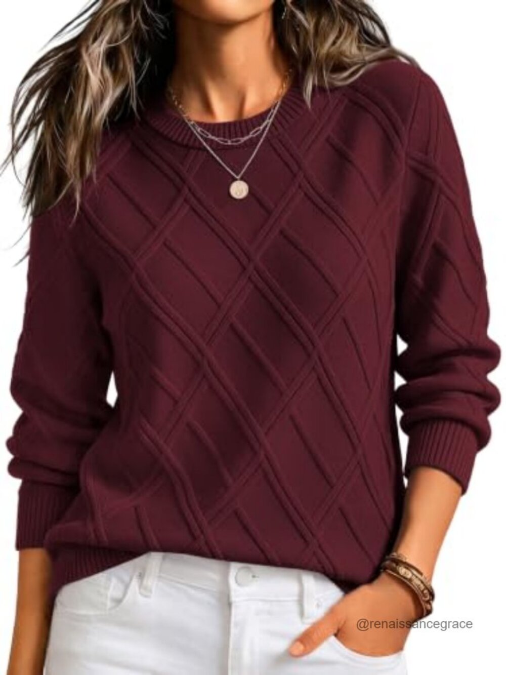 Cable Knit Sweater Womens Long Sleeve Crewneck Pullover Cozy Knit Top